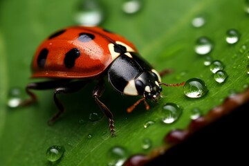 Fototapeta premium close-up of a ladybug on a leaf with water droplets