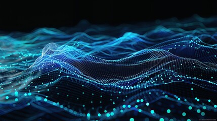 An intricate digital mesh of electric blue and cyan connections on a black background resembling a high-tech ocean wave meticulously designed to include a text box in the lower right corner