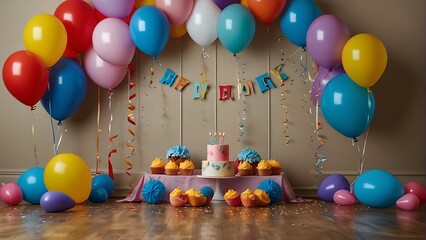  First Birthday Celebration Colorful Balloons with Confetti and Streamers