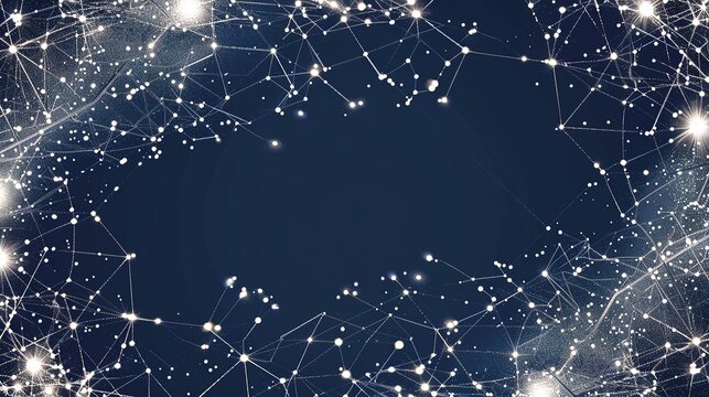 An intricate network of silver and white lines connecting scattered light points on a dark indigo background forming a galaxy-like plexus structure with a clear unobstructed area for text
