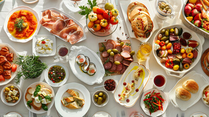Full table of delicious European foods and drinks from top view, Happy dining time, buffet food...