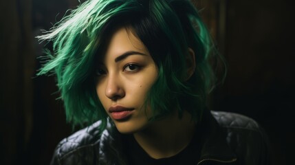 vibrant green-haired woman with intense gaze