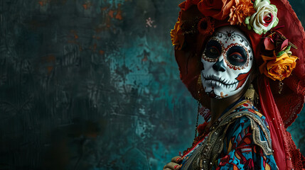 close up La Catrina on dark blue grunge background with copy space for cinco de mayo, halloween,...