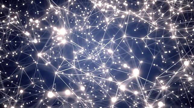 An intricate network of silver and white lines connecting scattered light points on a dark indigo background forming a galaxy-like plexus structure with a clear unobstructed area for text