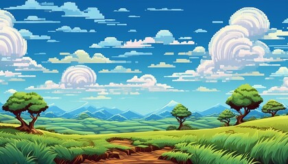pixel art seamless background with blue sky and ground