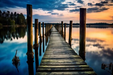 Obraz premium Serene wooden dock at sunset over tranquil lake