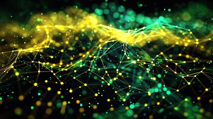 An intricate web of bright yellow and green connections forming a lively energized plexus on a black canvas with a dedicated text-friendly zone in the lower center for impactful messaging