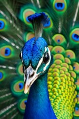 Vibrant peacock feathers up close