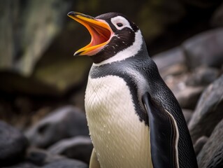 Closeup of a penguin with its beak open