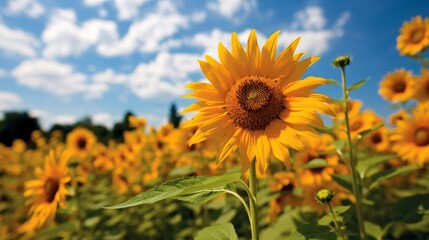 Obraz premium Vibrant sunflower field under a blue sky