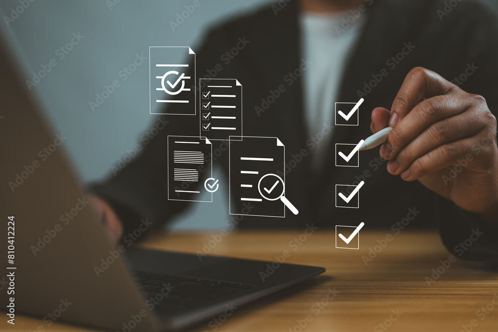 Poster Checklist concept, Businessman mark checkboxes, Survey form, check marks on checklist, filling online form and answering questions. List options business employee security procedures followed office.
