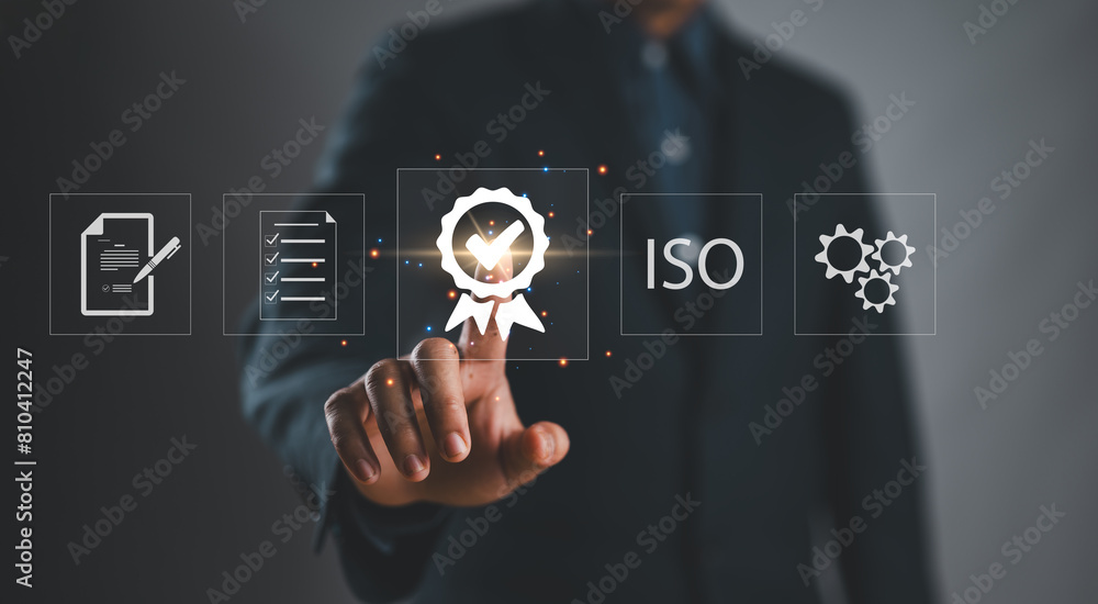 Poster Quality control Businessman touch on virtual correct sign or tick mark with document icon for approve quality assurance and guarantee concept, online approve paperless and quality assurance concept.