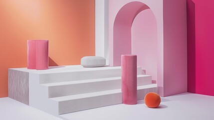 Stylish editorial shot of contemporary furniture on a white and magenta backdrop, emphasizing geometric shapes and angles