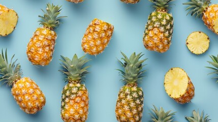 Studio-lit top-down shot of pineapples, whole and sliced, making an intricate pattern on a soothing blue background