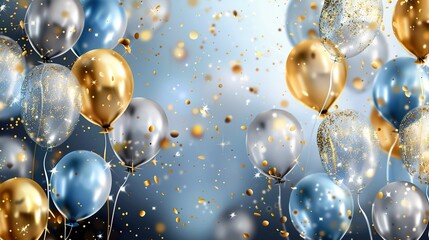 beautiful celebration background with balloons, gold, silver and blue colors, glittery sparkly stars