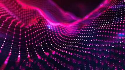 Obraz premium A backdrop featuring interconnected magenta and crimson dots linked by vibrant laser-like lines on a dark background specifically designed to leave a significant amount of space for text in the center