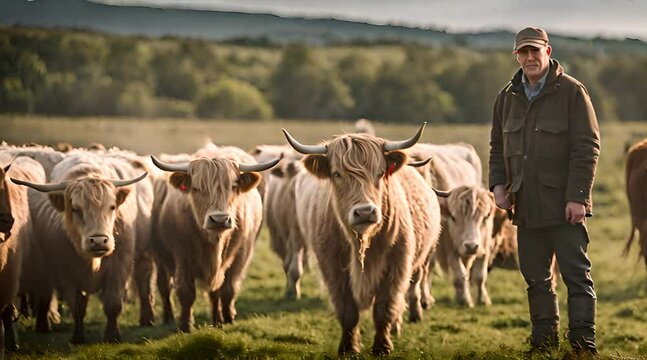 Farmer und eine Herde Galloway Rinder