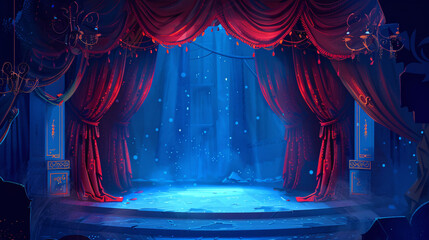 Gorgeous red drapes on a magical theater stage.