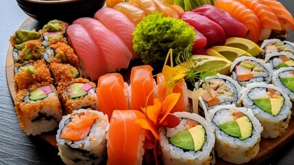 Delicious sushi platter with assorted rolls, nigiri, and garnishes