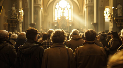 Fototapeta premium church full of worshippers gathered for Ascension Day background.