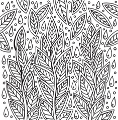 Floral doodle line art pattern with summer rain drops. Trippy boho coloring page for adults. Vector artwork