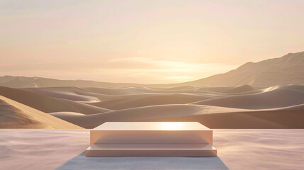 square podium with desert and sand dune sunrise background for display product advertising