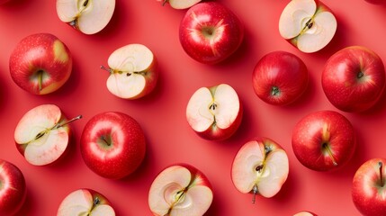 Playful close-up pattern of apple slices and whole apples on a vivid magenta background, shot from above under bright studio lighting