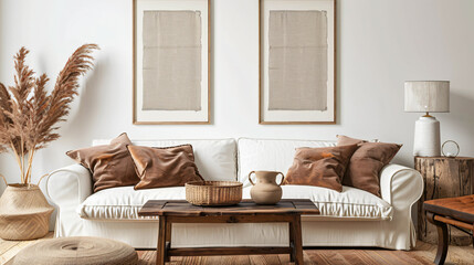 Fototapeta premium Rustic coffee table near white sofa with brown pillows against wall with two poster frames. modern living room