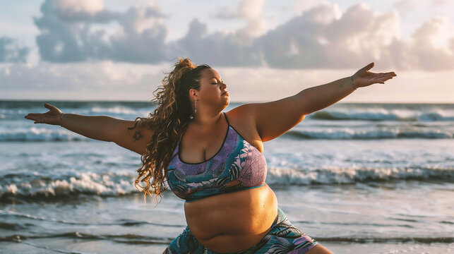 Beautiful plus size woman doing yoga on the beach. Healthy lifestyle concept.