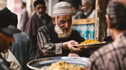 Muslim man giving away food in the street