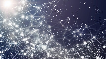 A complex digital mesh of silver and white lines connecting scattered light points on a gradient indigo to black background forming a starry night-like plexus structure with a clear area for text