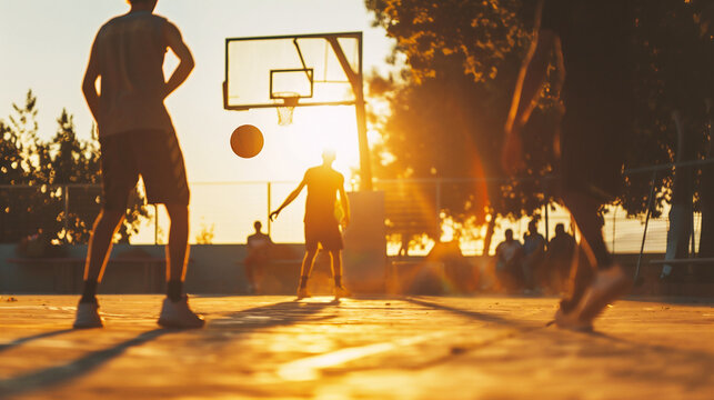 Silhouette of young boys playing basketball on the playground at sunset - Powered by Adobe