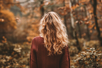 Back view of young woman with curly blonde hair in autumn forest.