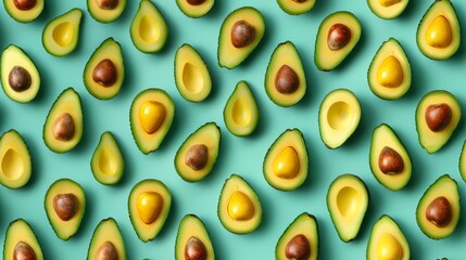 Meticulous pattern of whole and sliced avocados, brightly lit and isolated on a cyan background, studio lighting for clarity