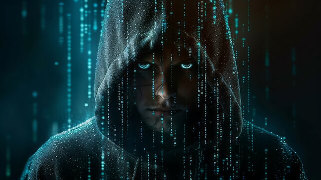 Portrait of a malevolent-looking hooded figure with glowing blue eyes and a circuit board-like pattern on his face.