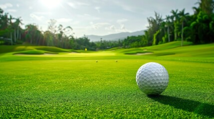 Close-up of a golf ball on a lush green fairway with a beautiful tropical landscape in the background.