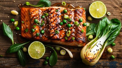 A delicious and healthy meal of grilled salmon with spinach, peas, and bok choy. - obrazy, fototapety, plakaty