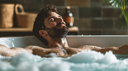 Handsome bearded man relaxing in bathtub with foam at home