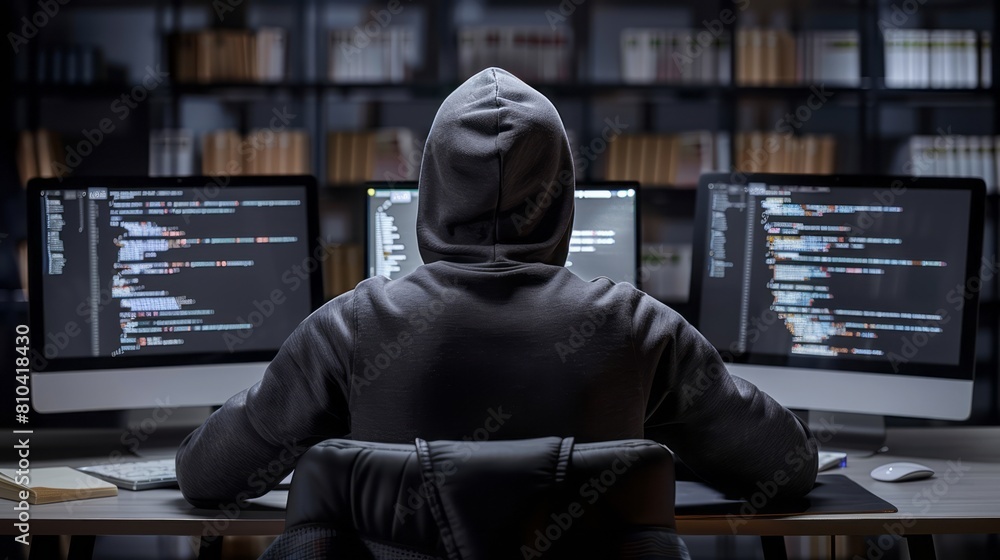 Aufkleber a lone hacker in a dark room wearing a hoodie and typing on multiple computers.