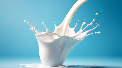 Milk splash close up isolated on a light blue background