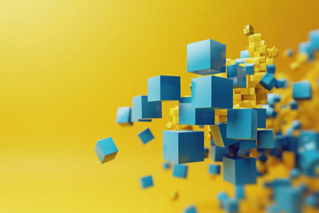 Abstract geometric composition of blue and yellow cubes on a vibrant yellow background