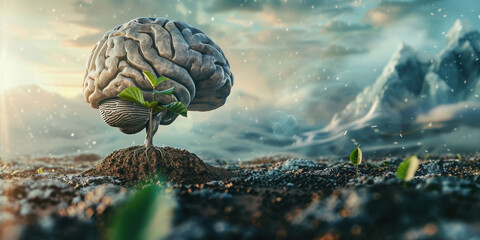 Surreal concept Plant growing out of brain in the middle of a field, representing growth and creativity