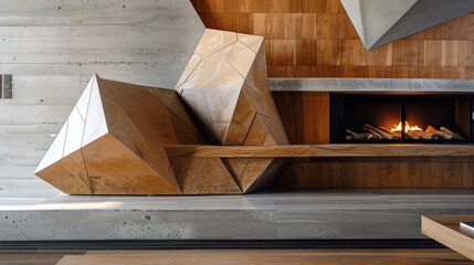 Intimate shot of a modern fireplace, geometric forms of wood and concrete intertwining to create an inviting ambiance