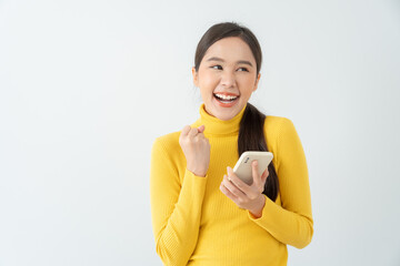 Asian beautiful woman exited surprise face expression . female feels shocked with the phone....