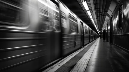 High-contrast black-and-white shot of a subway train in rapid motion, blurring across the frame in close-up