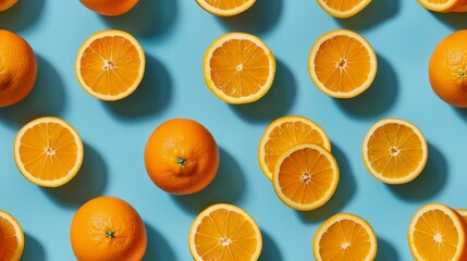 Fun pattern created by arranging whole oranges and slices in a tiled design on a cyan background, studio lighting for isolation