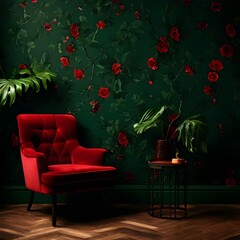 Obraz premium modern living room with red sofa and green wall with red flowers on green wallpaper 