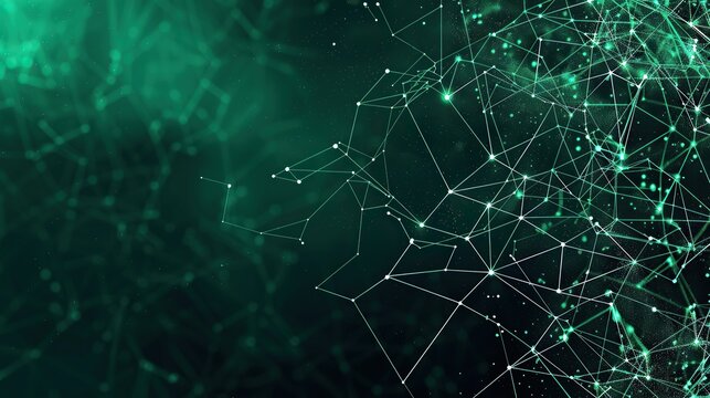 A deep emerald green plexus network with interconnected nodes and lines on a jet-black canvas featuring a large open area in the top right corner for text