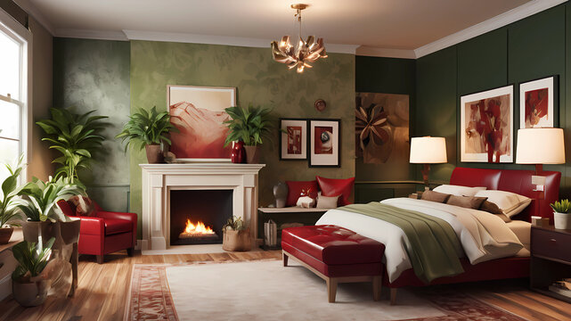 Create a cozy and inviting bedroom with a touch of modern elegance. Incorporate warm earth tones such as rich red, creamy beiges, and soft greens. Mix different textures like plush velvet, circuit boa