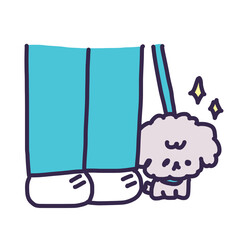 人の足の横に付いているかわいいお座りしているトイプードルの子犬のイラスト